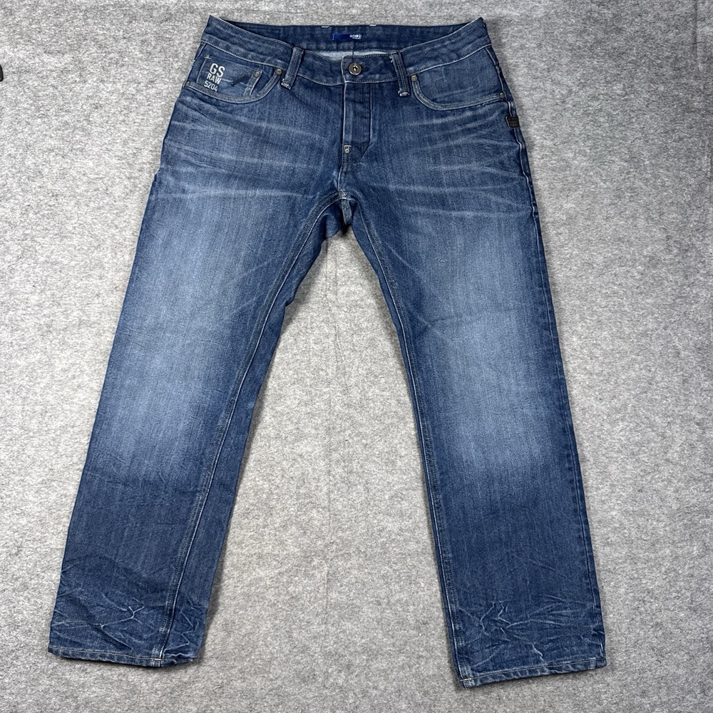 G Star Raw Jeans Mens 33x30 Blue Attacc Slim Straight Whiskering Faded $190